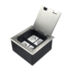 Recessed hidden stainless steel floor socket junction box with hinged cover and four socket module openings.