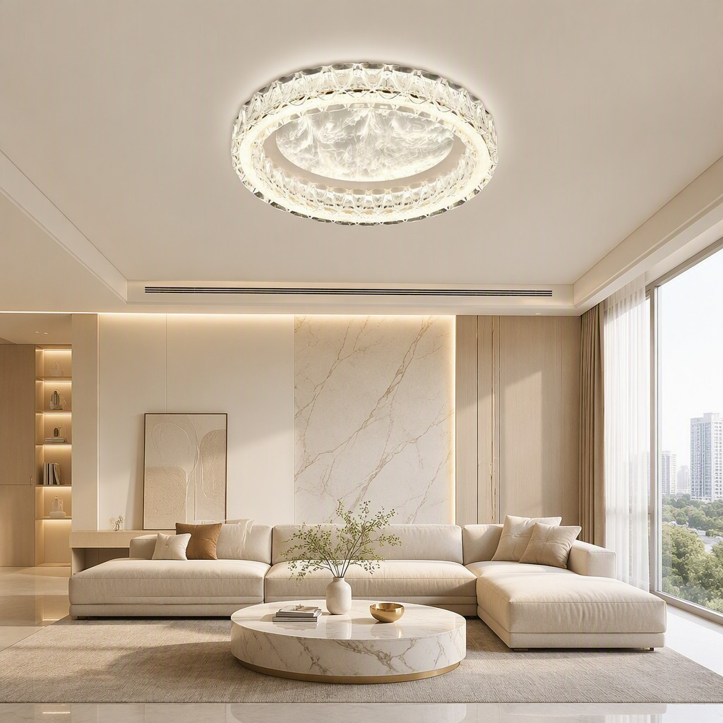 Modern tri-color LED ceiling light with crystal ring and marble-effect centre for living room and bedroom