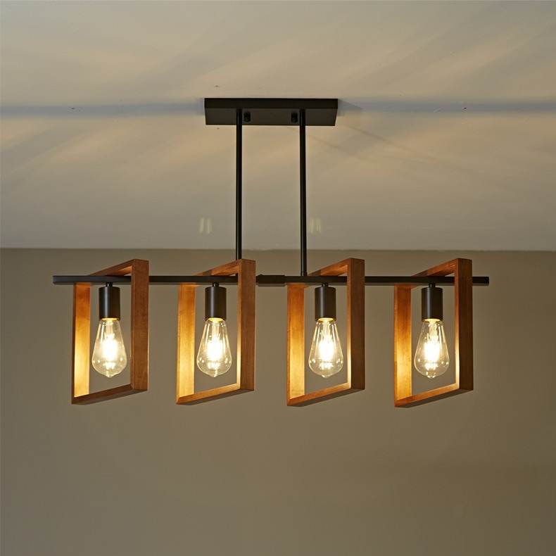 Four-head industrial wooden pendant ceiling light with black iron fittings