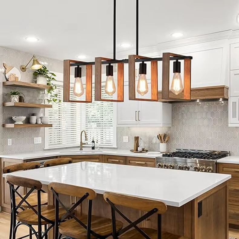 American Industrial 4-Head Wooden Pendant Light - Image 2