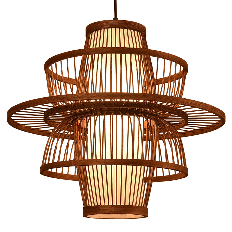 Modern handcrafted bamboo weave pendant light with layered circular rattan shade