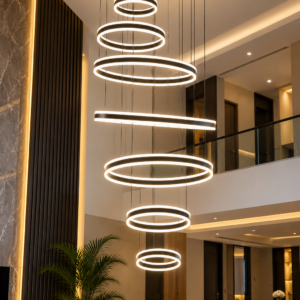 Black 200W seven-ring LED luxury chandelier with cascading circular rings and modern suspended design.