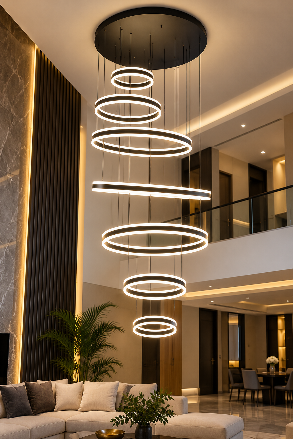Black 200W seven-ring LED luxury chandelier with cascading circular rings and modern suspended design.