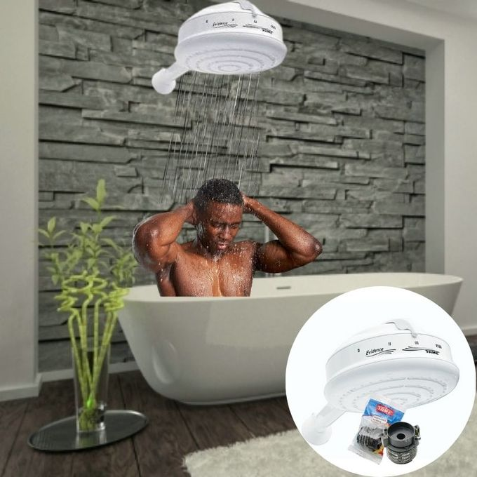 FAME Evidence 4T 6000W instant electric shower with white thermoplastic arm for salty, borehole and fresh water
