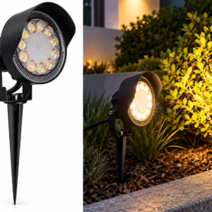 10W IP65 black LED garden spike spotlight with adjustable head and ground stake for outdoor landscape lighting