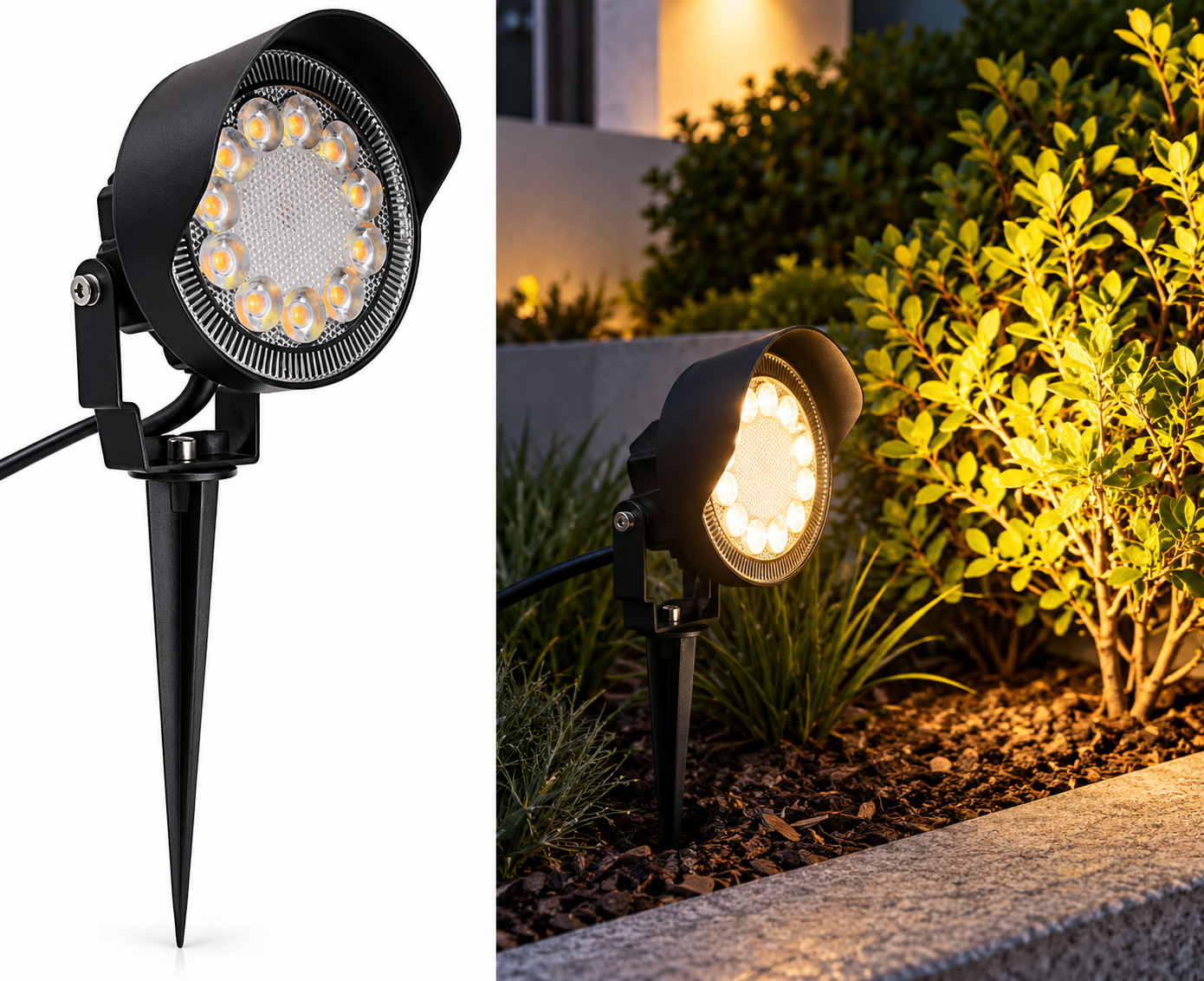 10W IP65 black LED garden spike spotlight with adjustable head and ground stake for outdoor landscape lighting