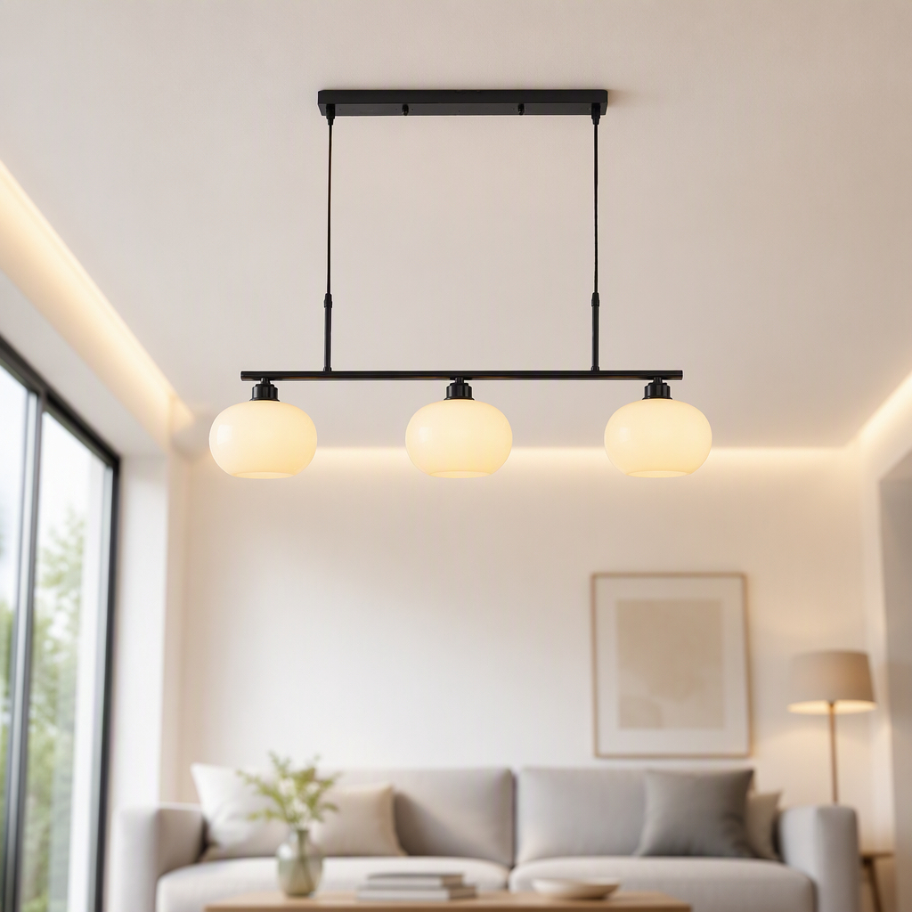 Modern Nordic pendant chandelier with three white glass globe shades and a black metal frame