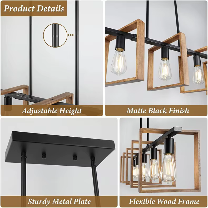 American Industrial 4-Head Wooden Pendant Light - Image 3