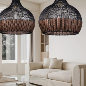 Salt Lake 400mm rattan pendant lamps with black woven frames and natural rattan shades above a kitchen island