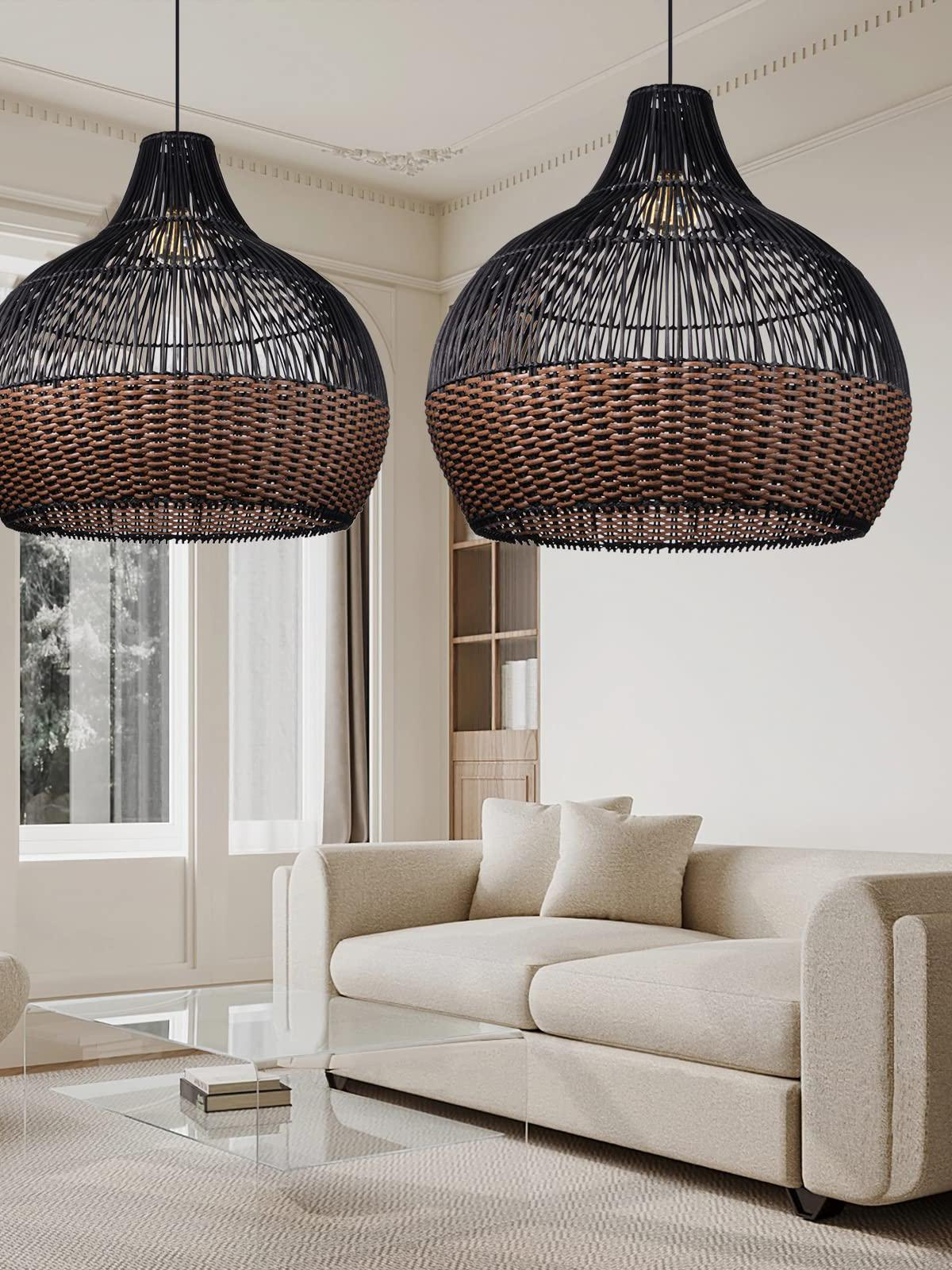 Salt Lake 400mm rattan pendant lamps with black woven frames and natural rattan shades above a kitchen island