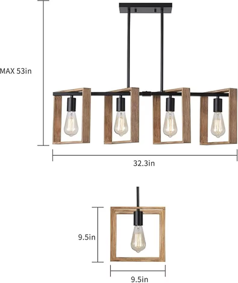American Industrial 4-Head Wooden Pendant Light - Image 4