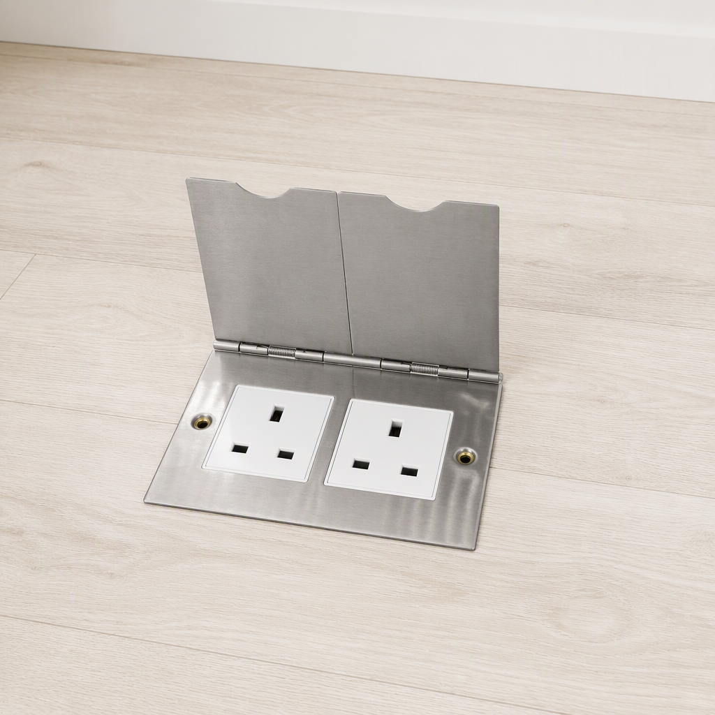 Stainless steel open-type concealed floor socket with twin power outlets and flip-open cover.