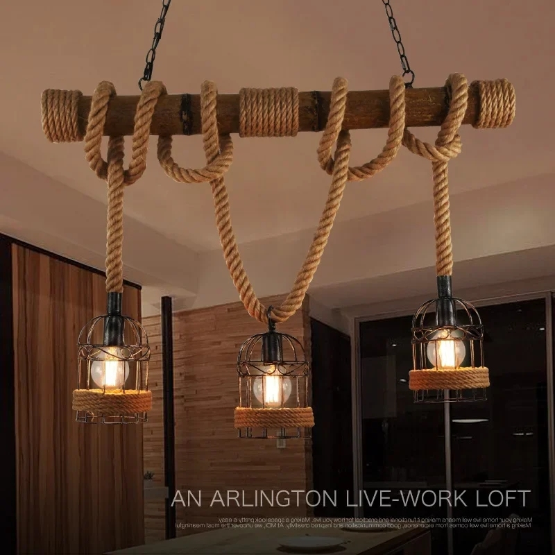 Three-head vintage hemp rope chandelier with wooden beam and metal cage pendant shades